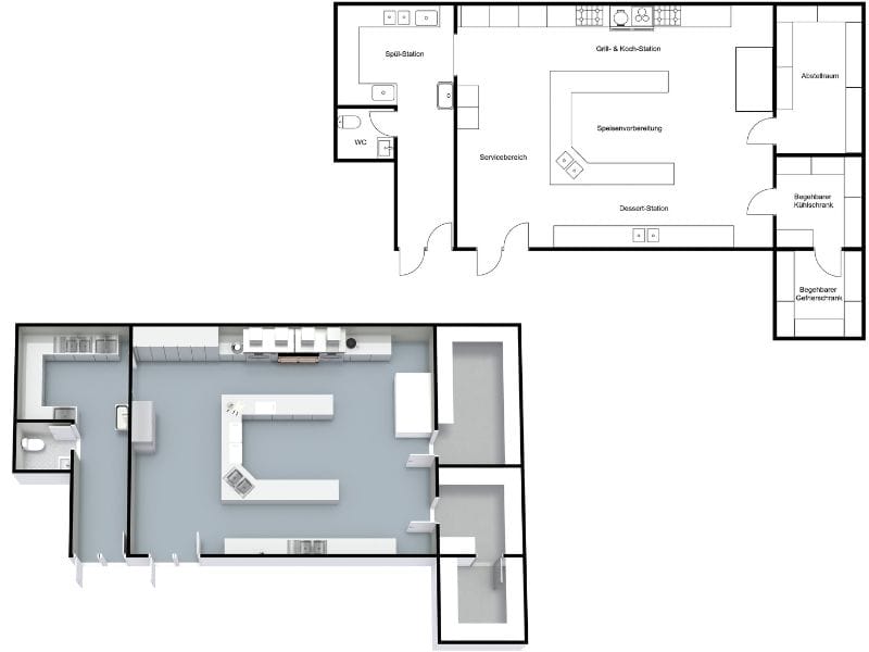Küchen-Grundriss eines Restaurants mit Vorbereitungsbereichen, Kochstationen und Servicezone