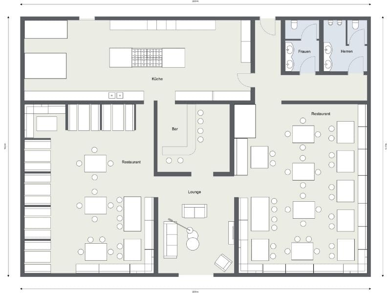 Restaurant-Layout mit Gastraum, Bar, Lounge, Küche und separaten Sanitärbereichen