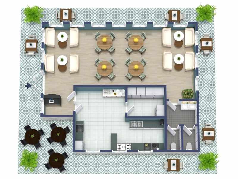 Restaurant-Layout mit Sitzplätzen im Innenraum und Außenbereich