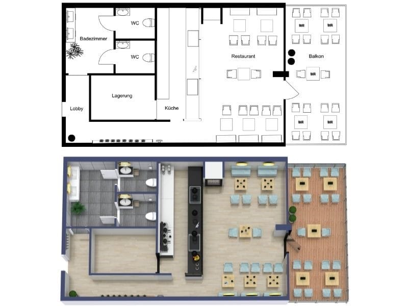 Restaurant-Grundriss mit Gastraum, Küche und Balkonsitzplätzen