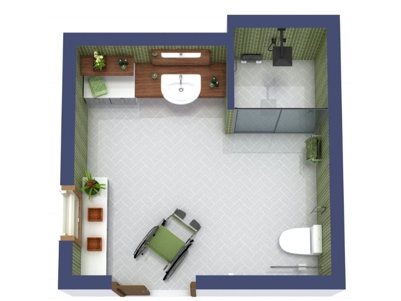 3D Grundriss für barrierefreies und rollstuhlgerechtes Badezimmer mit Dusche, Toilette, Waschbecken und großzügiger Bewegungsfläche