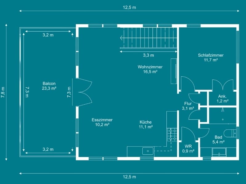 Grundriss eines Hauses mit mehreren Schlafzimmern, mit beschrifteten Räumen und Flächenangaben in Quadratmetern.
Der Grundriss umfasst eine vordere Veranda, einen Eingangsbereich (ca. 7 m²), ein Wohnzimmer (ca. 13 m²), ein Esszimmer (ca. 24 m²), eine Küche (ca. 8 m²) und zwei Badezimmer. Es gibt vier Schlafzimmer: Schlafzimmer 1 (ca. 13 m²) mit begehbarem Kleiderschrank, Schlafzimmer 3 und Schlafzimmer 4 (jeweils ca. 7 m²), sowie zusätzliche Hauswirtschafts- und Abstellräume. Ein Flur (ca. 6 m²) verbindet die Schlafzimmer und Badezimmer.