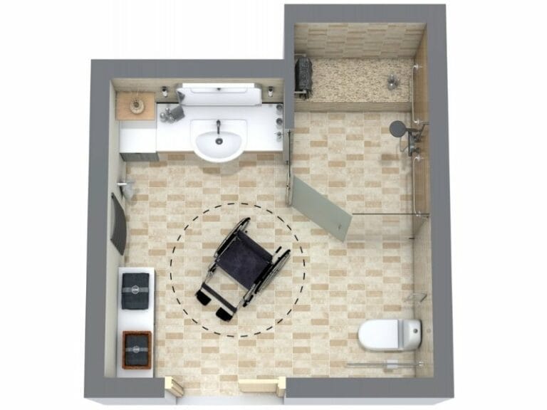 3D Grundriss für barrierefreies Badezimmer mit begehbarer Dusche, Toilette, Waschbecken und Rollstuhl-Wendekreis