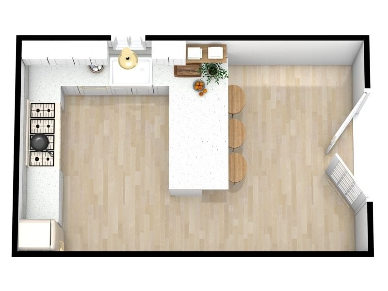 Grundriss für Küche mit Halbinsel, Sitzplätzen und offenem Wohnbereich