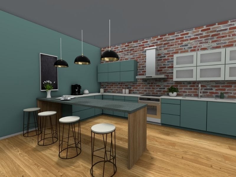 Moderne Küche mit Halbinsel, Sitzplätzen und durchgehender Arbeitsfläche im offenen Grundriss