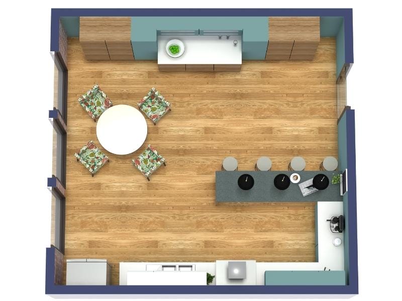 Große Küche mit Halbinsel im offenen Grundriss mit viel Arbeitsfläche