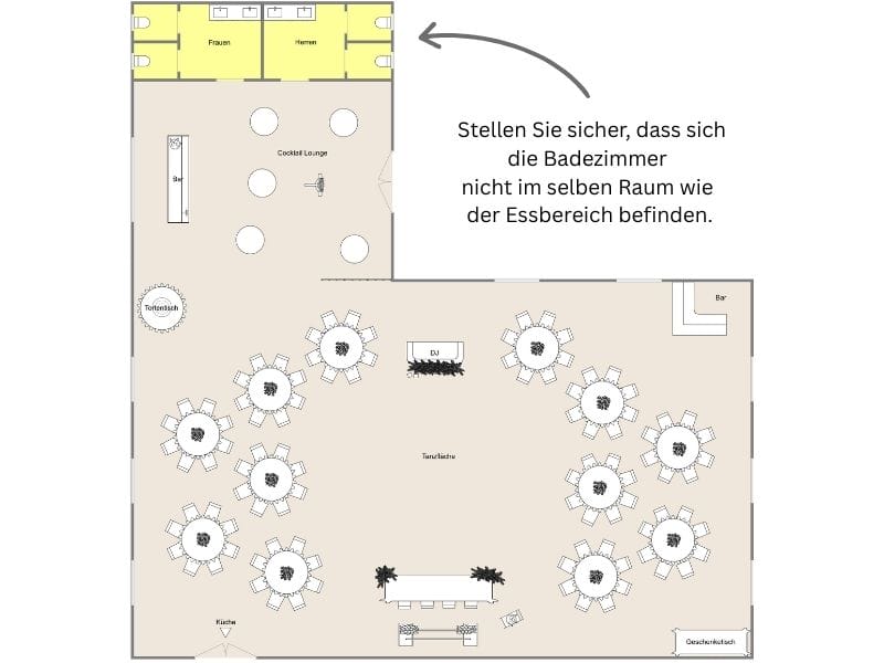 Hochzeitsgrundriss mit separaten Sanitärbereichen und durchdachter Raumaufteilung