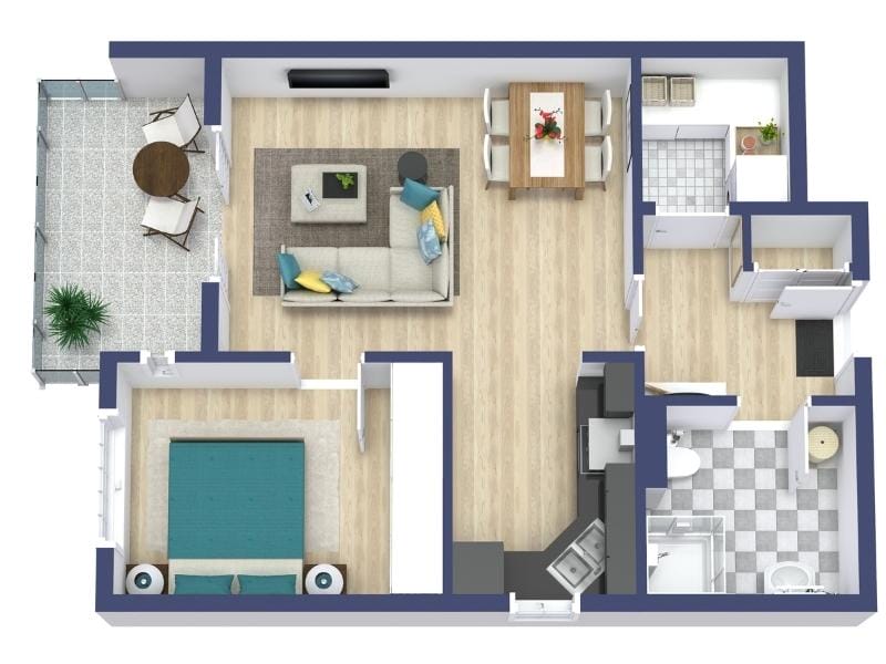 2-Zimmer-Wohnung mit Schlafzimmer, Wohnzimmer, Küche, Bad, Balkon und separatem Hauswirtschaftsraum