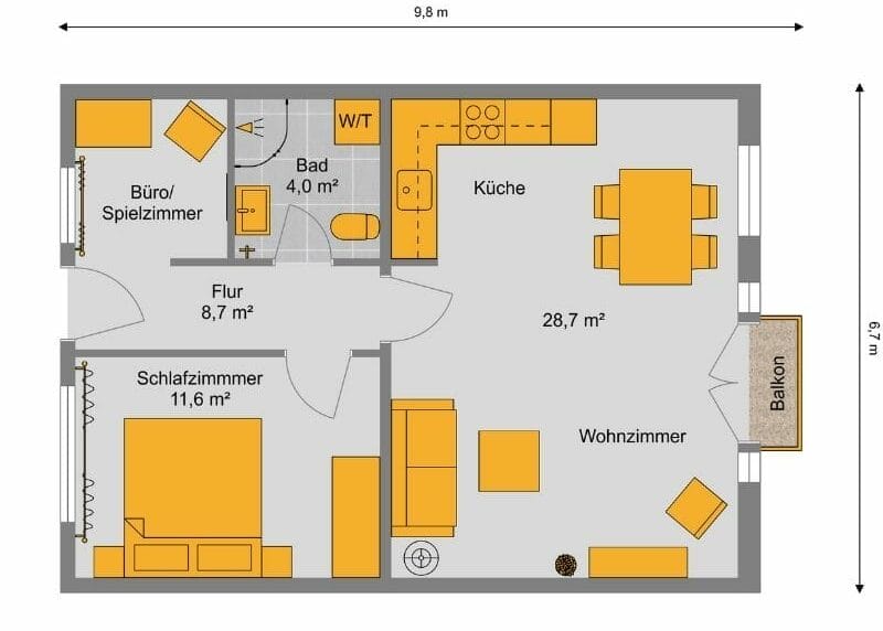 Moderner 2D Grundriss für 2-Zimmer-Wohnung mit hellem Wohnzimmer, geräumigem Eingangsbereich und Balkon
