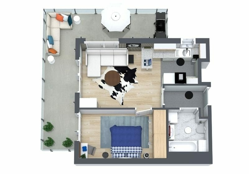 Moderner 3D Grundriss für 2-Zimmer-Wohnung mit Schlafzimmer, Wohnzimmer, Küche, Bad und großem Balkon