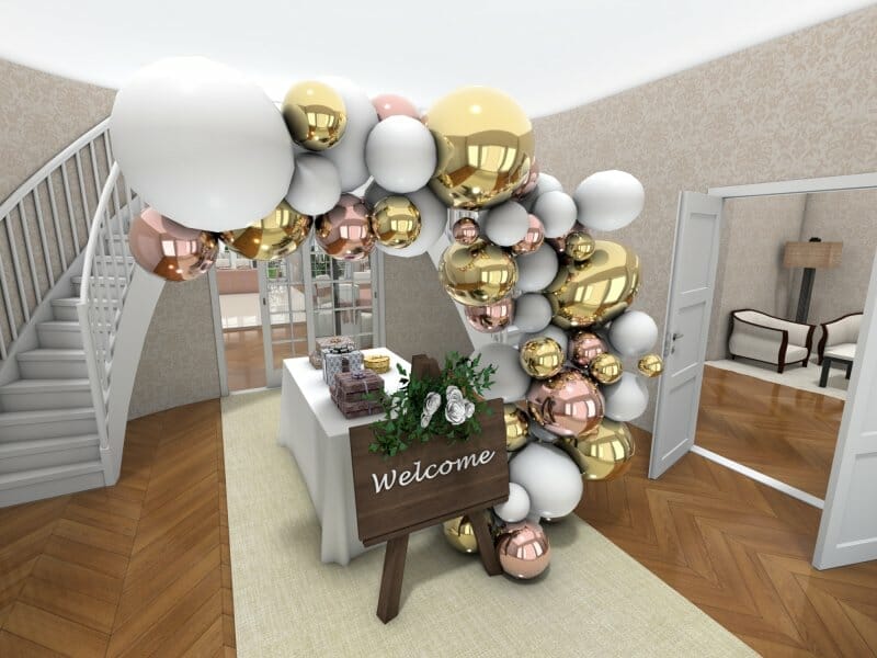 Grundrisse für Hochzeiten mit geplantem Eingangsbereich, Check-in-Tisch und dekorativem Empfangsbereich