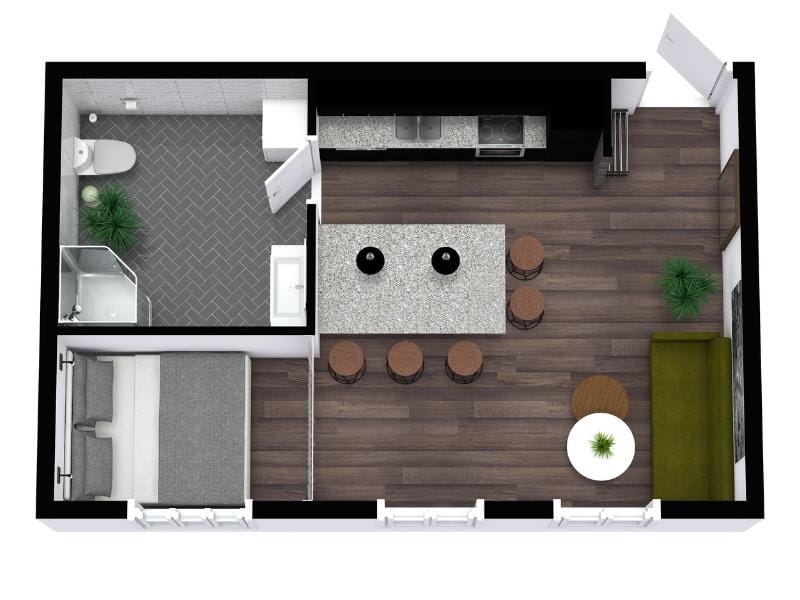 Moderner Grundriss für 1-Zimmer-Wohnung mit offener Küche, Wohnbereich, Schlafzimmer und Badezimmer