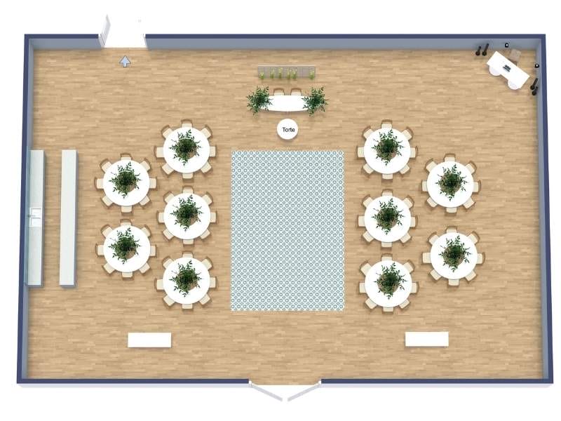 Hochzeitsgrundriss mit Tanzfläche in der Mitte und strukturierter Sitzordnung