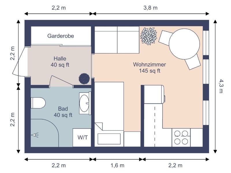 2D Grundriss für 1-Zimmer-Wohnung mit Wohnzimmer, Küche, Bad und Garderobe auf kleiner Wohnfläche