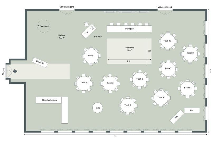 Grundriss für eine Hochzeitslocation mit detaillierter Planung von Tanzfläche, Bar, Check-in und Sitzordnung