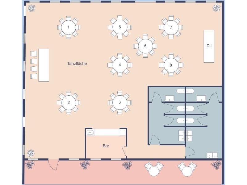 Grundriss für eine Hochzeitslocation mit runder Tischanordnung und zentraler Tanzfläche