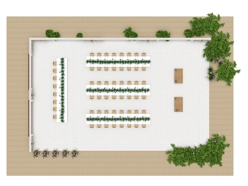 Grundrisse für Hochzeiten mit langen Banketttischen und funktionaler Raumaufteilung