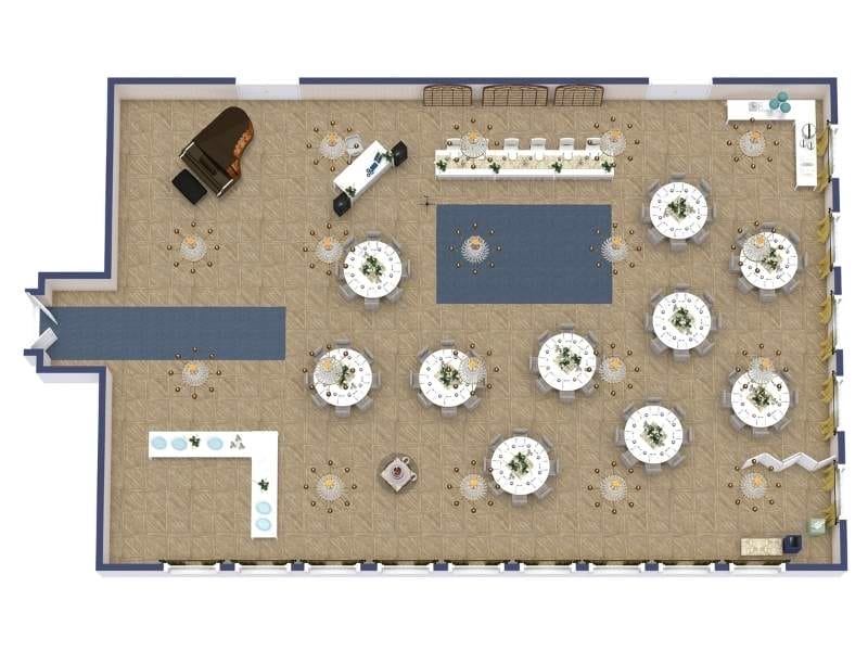 Grundriss für eine große Hochzeitslocation mit Tanzfläche, Barbereich und Sitzordnung