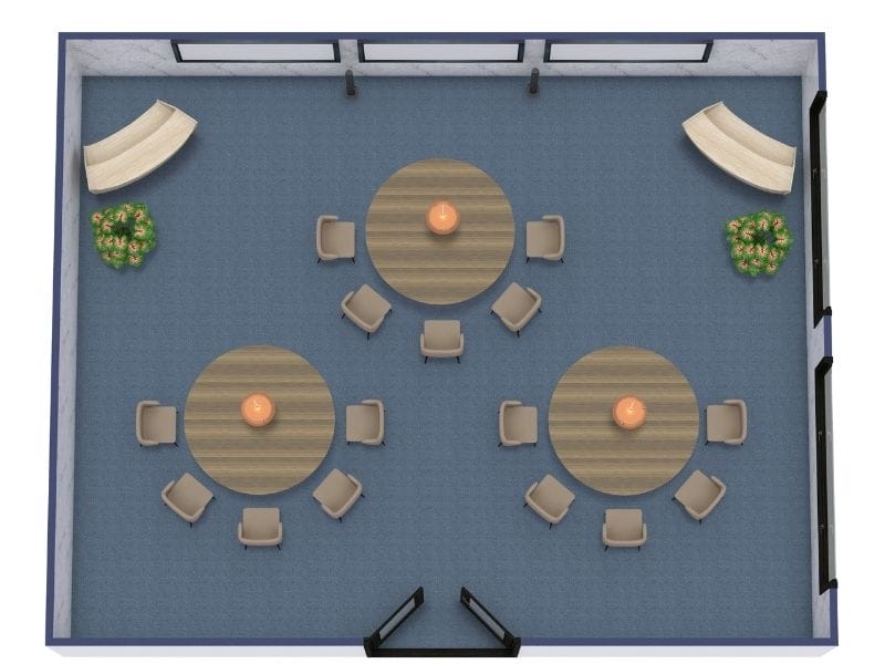 Grundrisse für Konferenzräume mit runden Tischen für Gruppenbesprechungen