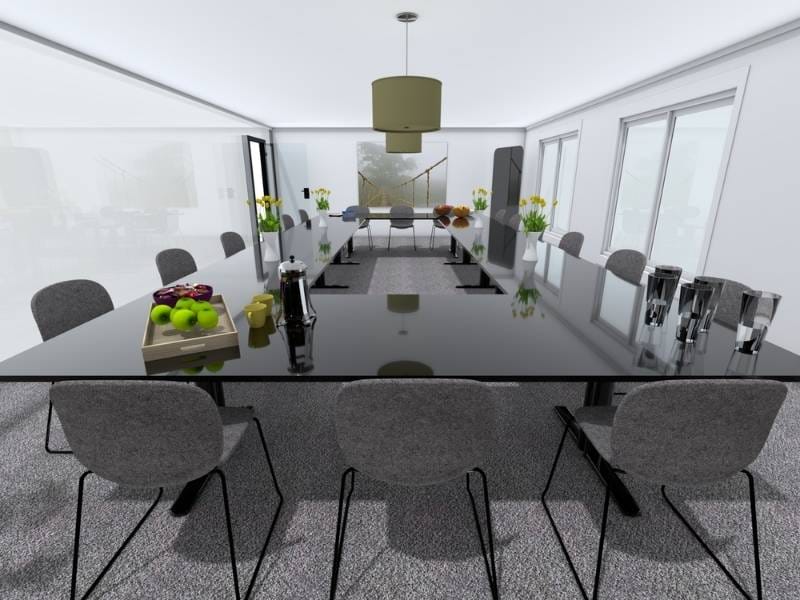 3D-Visualisierung eines Konferenzraums im Sitzungssaal-Layout mit langem Tisch
