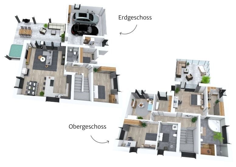 Zweistöckiger Grundriss für ein Haus mit 4 Schlafzimmern, mit Erdgeschoss und Obergeschoss in 3D-Darstellung
