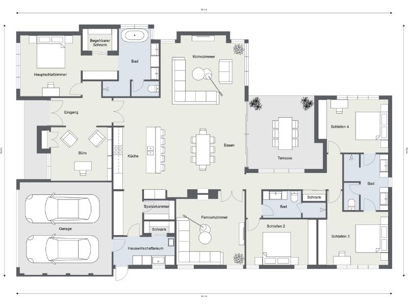 2D-Hausgrundriss mit 4 Schlafzimmern, offenem Wohn- und Essbereich, Küche, Büro, Garage, mehreren Badezimmern und Terrasse