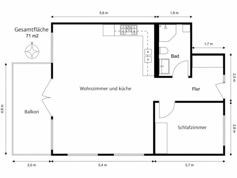 2D-Grundriss in Schwarz-Weiß mit offener Küchenlösung, Wohnzimmer, Bad, einem Schlafzimmer, Flur und Balkon.