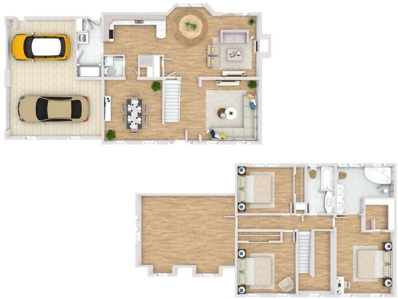 Moderner Grundriss für ein zweistöckiges Haus mit offenem Wohnbereich, Küche, Garage und Schlafzimmern im Obergeschoss. Beispiel für effiziente Raumplanung.