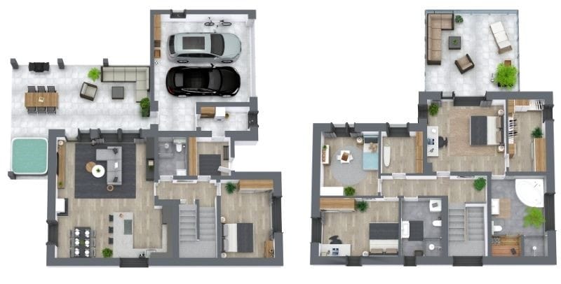 Detaillierter Grundriss eines zweistöckigen Hauses mit offenem Wohnbereich, moderner Küche, Garage, großzügiger Terrasse im Erdgeschoss und Balkon im Obergeschoss.
