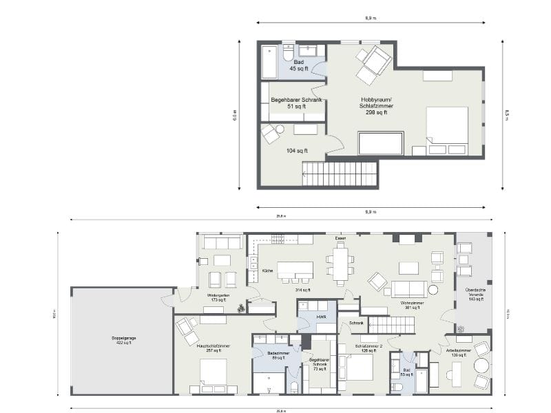 Grundrisse eines zweistöckigen Hauses mit offenem Wohnbereich, moderner Küche, Doppelgarage, mehreren Schlafzimmern und Badezimmern.