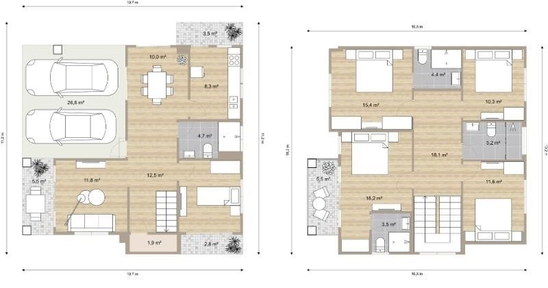 2D-Grundrisse eines zweistöckigen Hauses mit offenem Wohnbereich, Küche, Garage, mehreren Schlafzimmern und großzügigem Balkon im Obergeschoss.