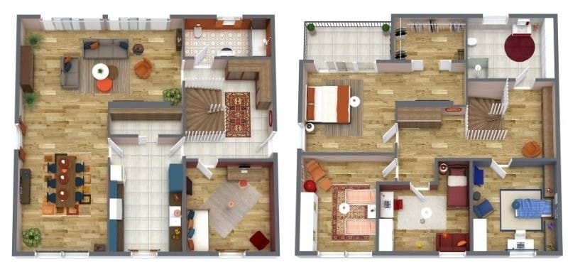 Grundrisse eines zweistöckigen Hauses mit großzügigem Wohnbereich, offener Küche, mehreren Schlafzimmern im Obergeschoss und funktionaler Raumaufteilung.