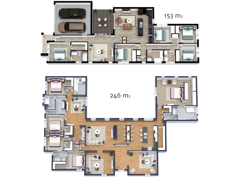 Zwei Grundrisse für Häuser mit 5 Schlafzimmern mit großzügigen Wohnbereichen, moderner Küche und funktionaler Raumaufteilung