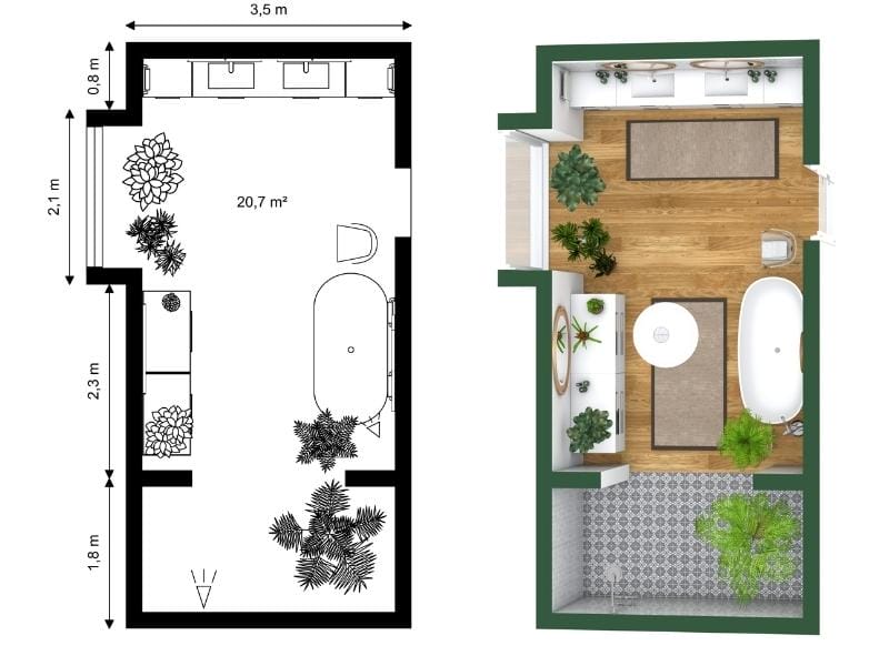 Grundriss für ein großes Hauptbadezimmer mit Doppelwaschbecken, freistehender Badewanne, separatem WC-Bereich und großzügiger offener Raumaufteilung auf 20,7 m²