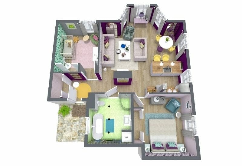 Farbenfroher Grundriss für ein kleines Haus mit zwei Schlafzimmern, offenem Wohn- und Essbereich sowie modernem Badezimmer.