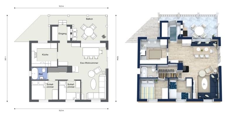 Grundriss für eine Hütte mit 2 Schlafzimmern, offenem Wohn- und Essbereich sowie Balkon