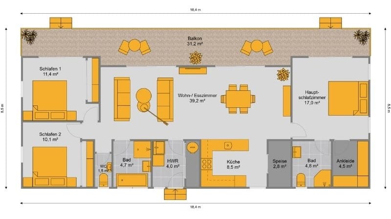 Grundriss für ein kleines Haus mit vier Zimmern, großem Balkon, offenem Wohn- und Essbereich sowie durchdachter Raumaufteilung für effizientes Wohnen.