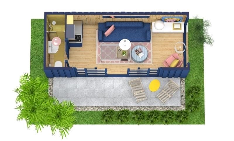 3D Grundriss für ein Tiny House mit Wohnzimmer, Küche, Bad und Terrasse