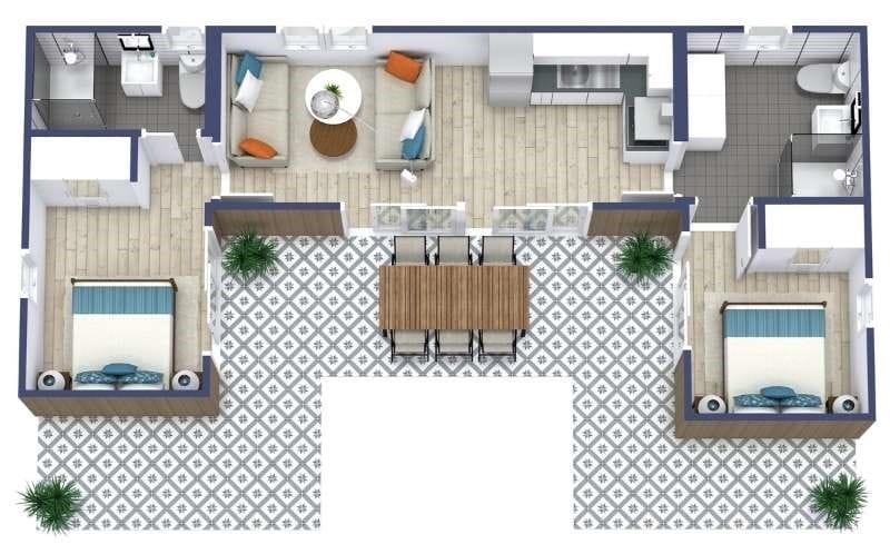 3D Grundriss für ein Tiny House mit zwei Schlafzimmern, Wohnzimmer, Küche und großer Veranda