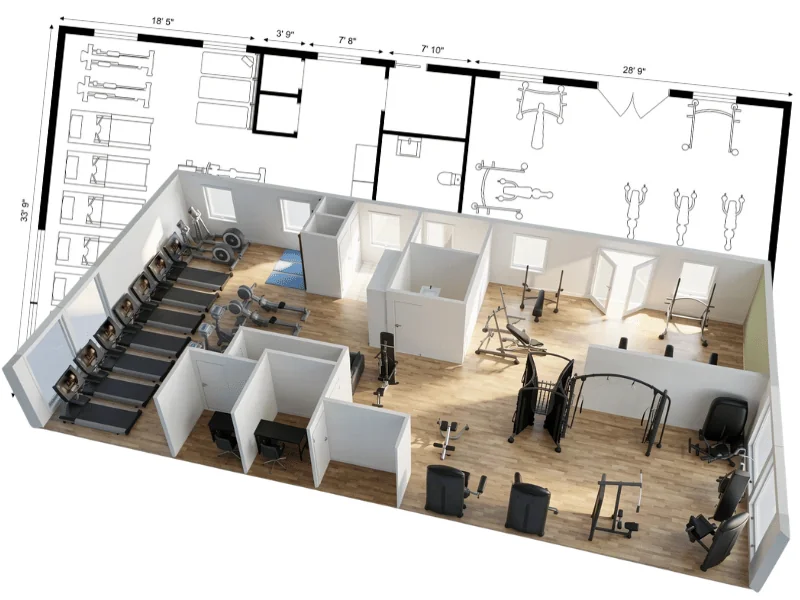 3D Grundriss eines Fitness-Studios mit Trainingsgeräten, Laufbändern, separaten Bereichen und eingezeichneten Maßen.