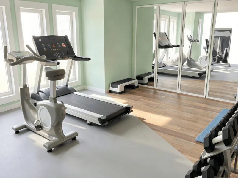 Helles Home-Gym mit Laufband, Heimtrainer, Hanteln, Spiegelwand und Trainingsbank.