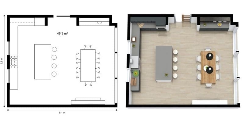 L-förmige Küche mit zentraler Kücheninsel und Essbereich im offenen Grundriss