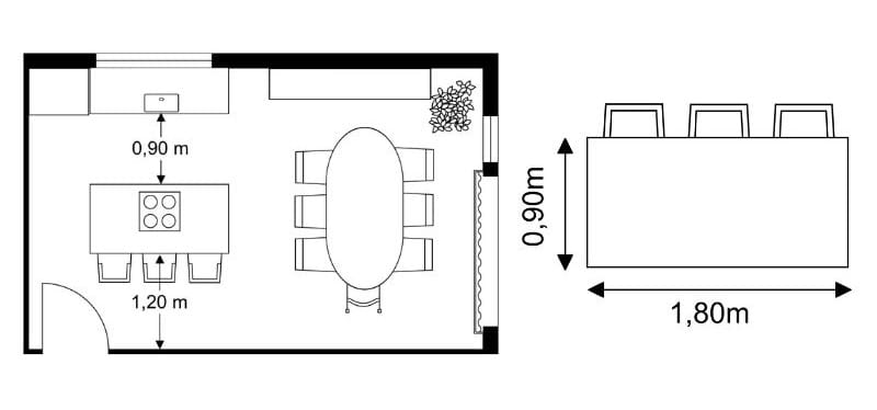 Grundriss mit Kücheninsel und eingezeichneten Maßen für Abstände und Arbeitsflächen