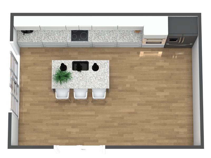 Einzeilige Küche mit freistehender Kücheninsel und Sitzplätzen im offenen Raum