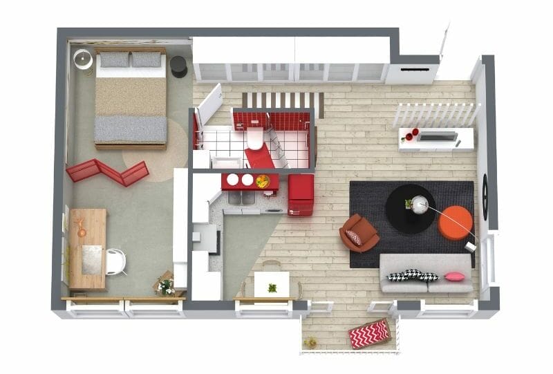 Grundriss für 1-Zimmer-Wohnung mit separatem Schlafbereich, moderner Küche und offenem Wohnraum