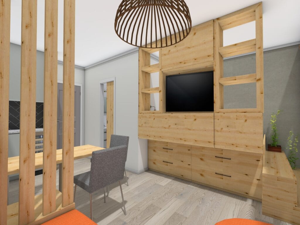 1-Zimmer-Wohnung mit cleverem Stauraum, Regal als Raumteiler und verstecktem Bett