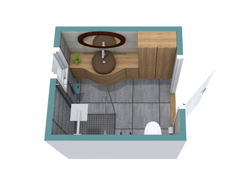 Grundriss für kleines Badezimmer mit moderner Dusche, Toilette und Waschbecken