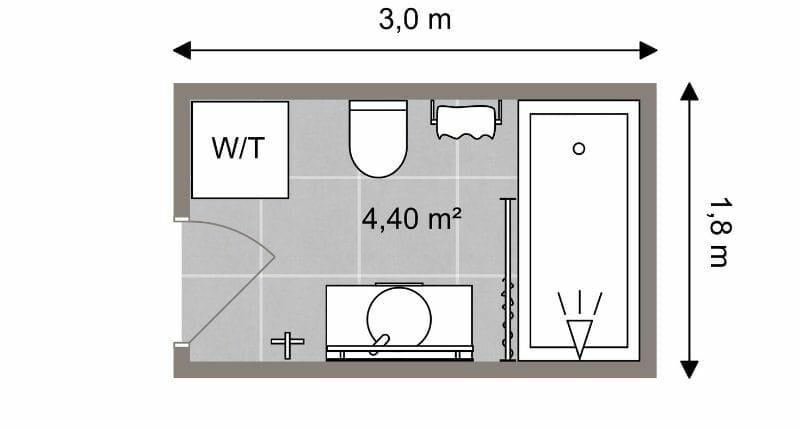 2D Grundriss für kleine Badezimmer mit Badewanne, Waschmaschine und Trockner