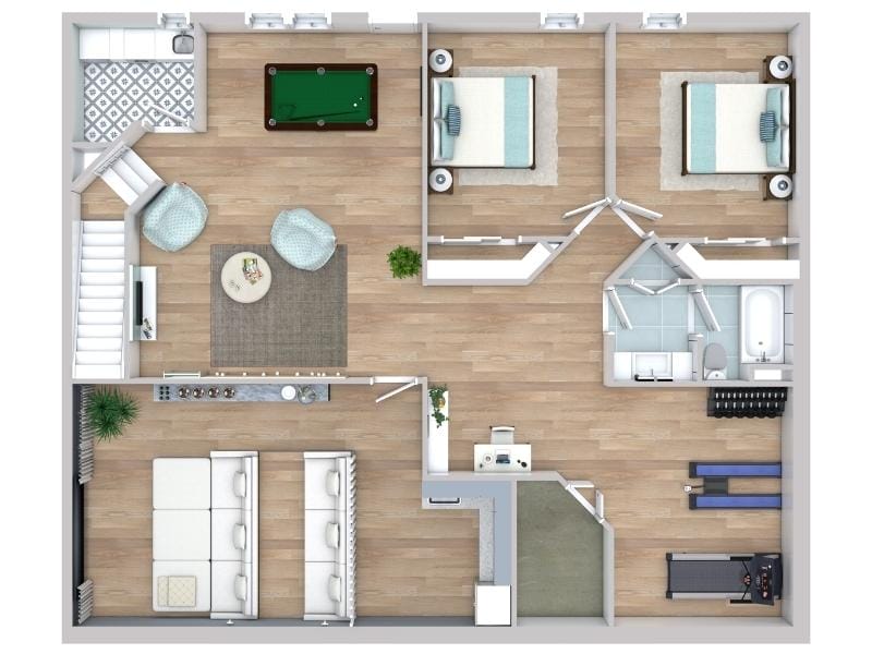 Keller Grundriss mit Familienzimmer, Spielbereich, zwei Schlafzimmern, Badezimmer und Fitnessraum