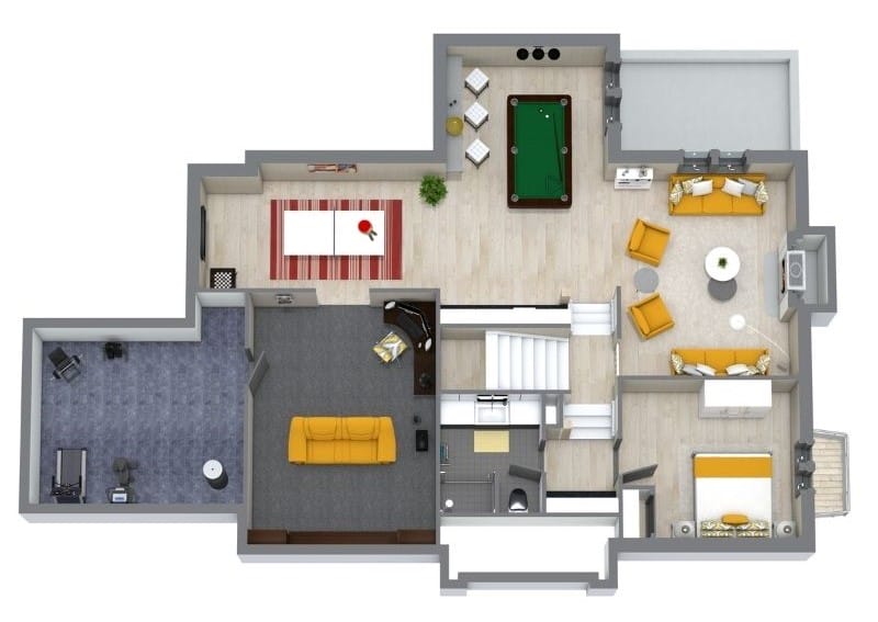 Keller Grundriss mit Spielzimmer, Billardtisch, Homeoffice, Familienbereich und Gästezimmer